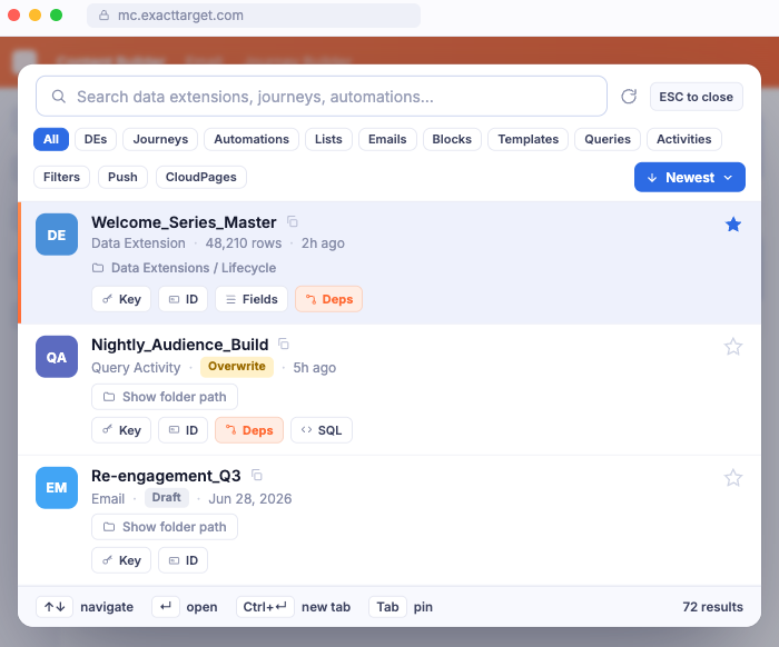 Command palette searching data extensions, journeys, and automations inside Marketing Cloud